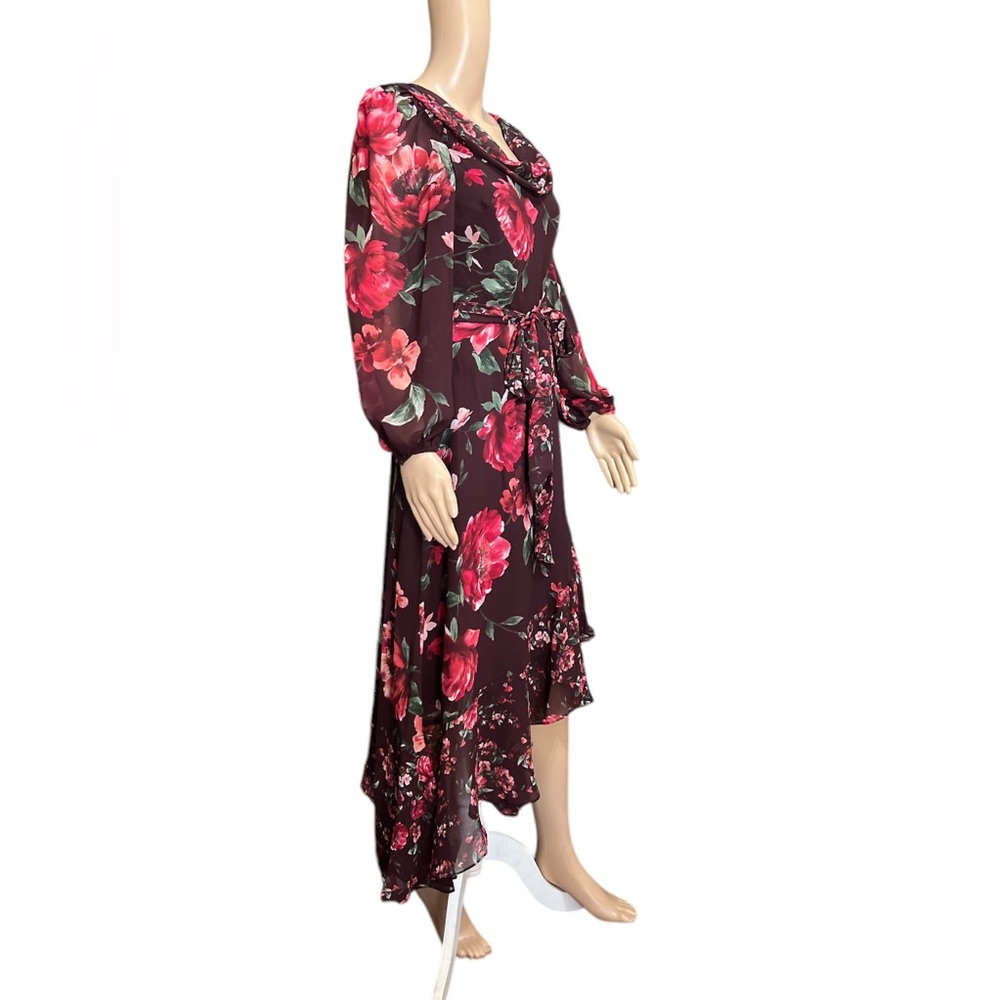 NWT Alex Marie Size 2 Chiffon Floral Midi Dress Cowl Neck Long Sleeves Ruffles - Picture 3 of 13